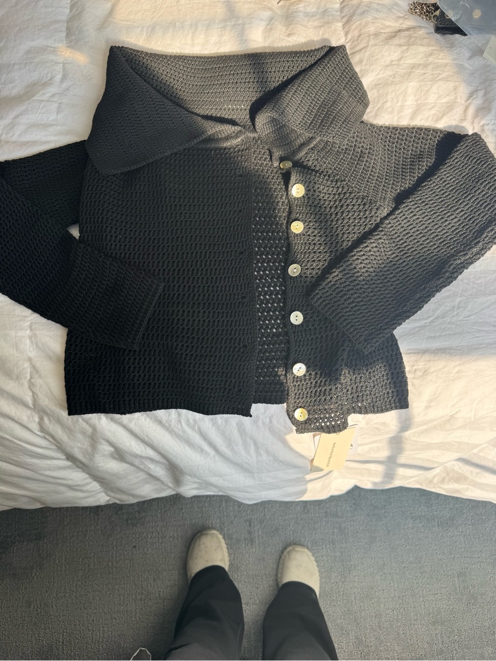 Commense Black Off-Shoulder Textured Button Cardigan
